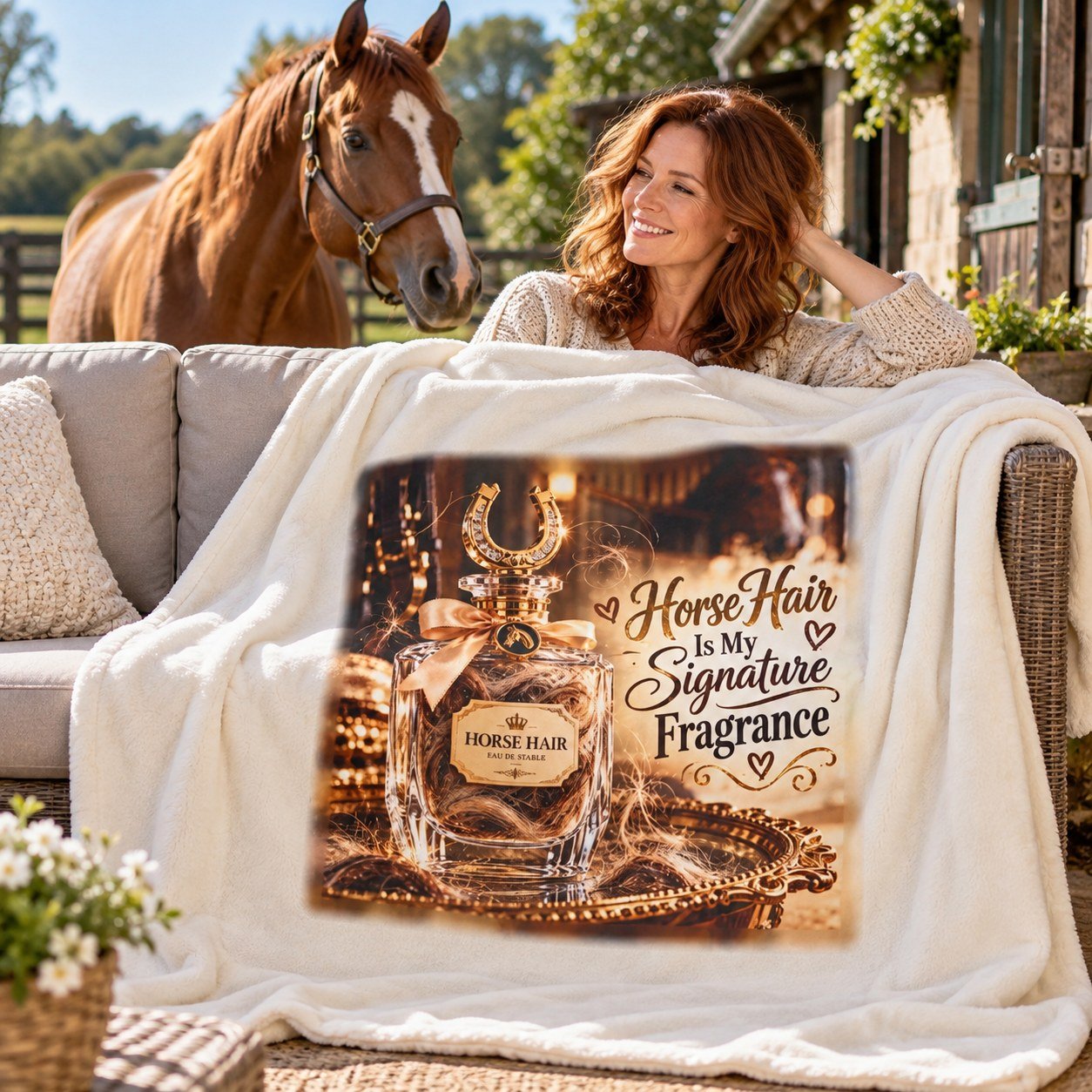Person relaxing on a sofa with the Horse Hair Is My Signature Fragrance Blanket