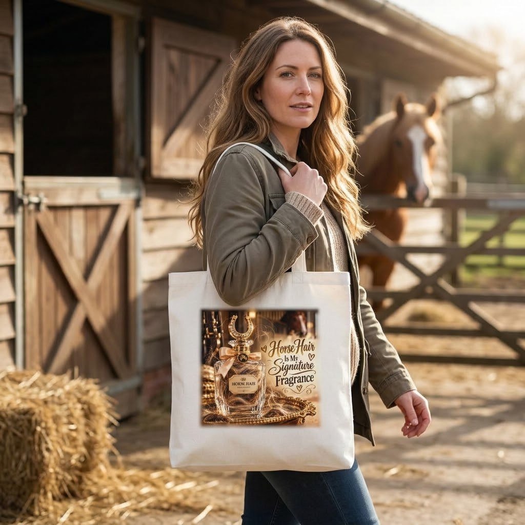 Person carrying the Horse Hair Is My Signature Fragrance Tote Bag over the shoulder