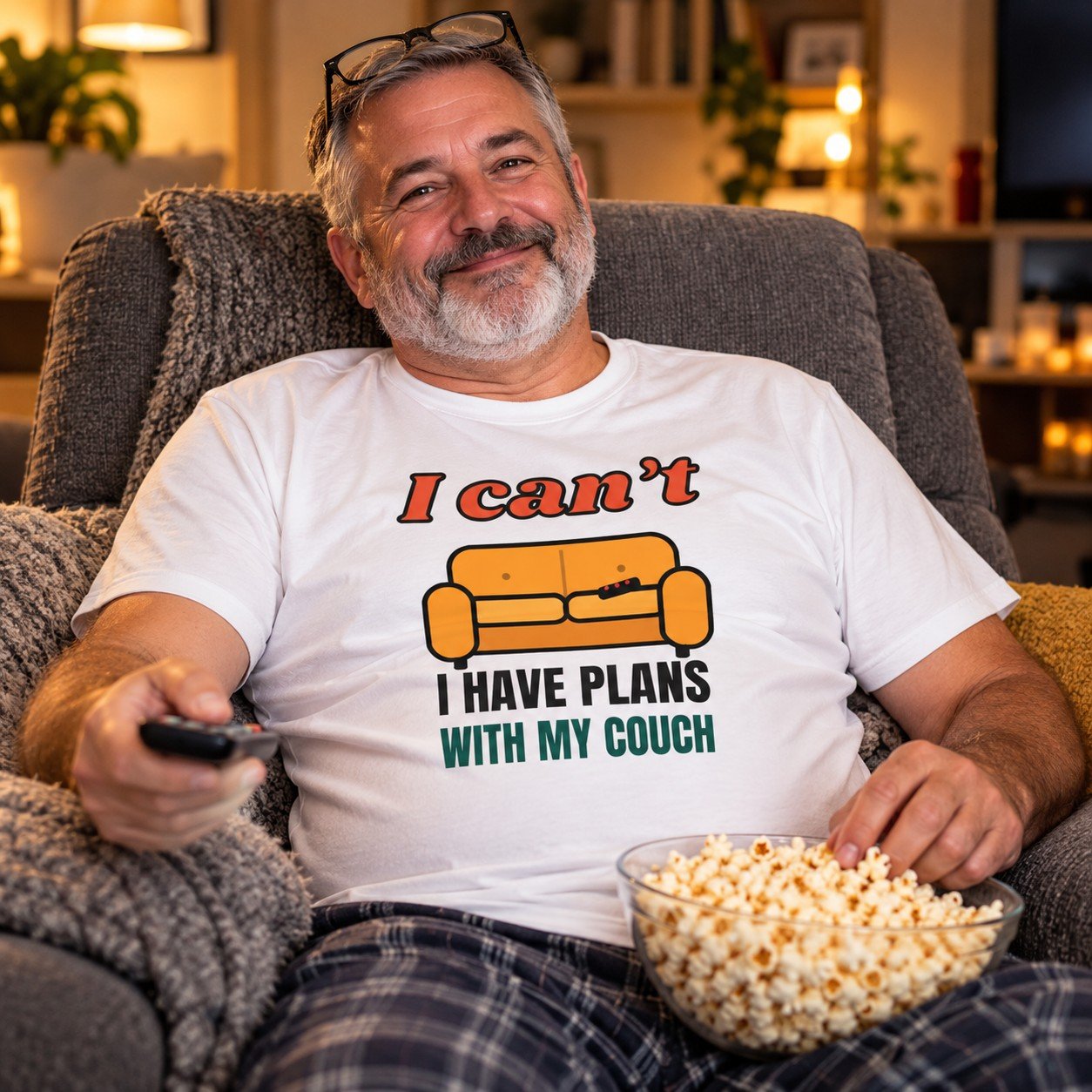 Man wearing the I Can't I Have Plans With My Couch T-Shirt