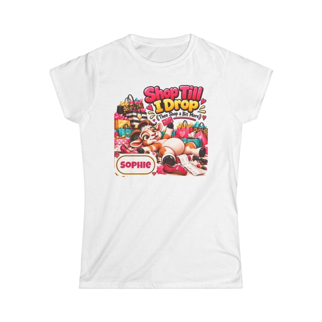 Personalised Shop Till I Drop Women's T-Shirt, Custom Name Ladies Fitted Tee, Funny Goat Gift, Shopaholic Gift, Gift for Her