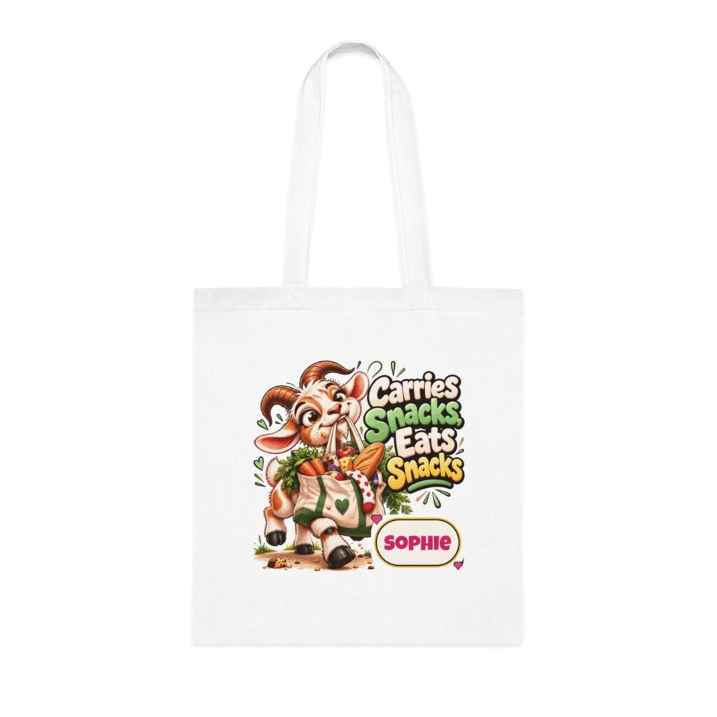 Personalised Carries Snacks Tote Bag, Custom Name Cotton Shopping Bag, Funny Goat Gift, Foodie Gift, Gift for Her