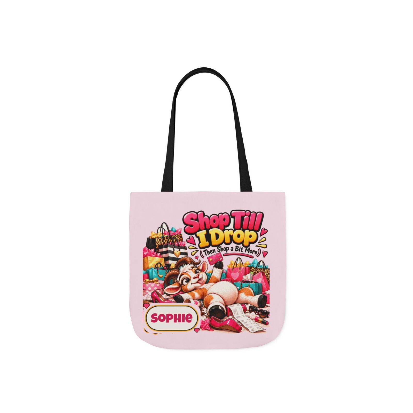 Personalised Shop Till I Drop Canvas Tote Bag, Custom Name Coloured Strap Tote, Funny Goat Gift, Shopaholic Gift, Gift for Her - Image 2