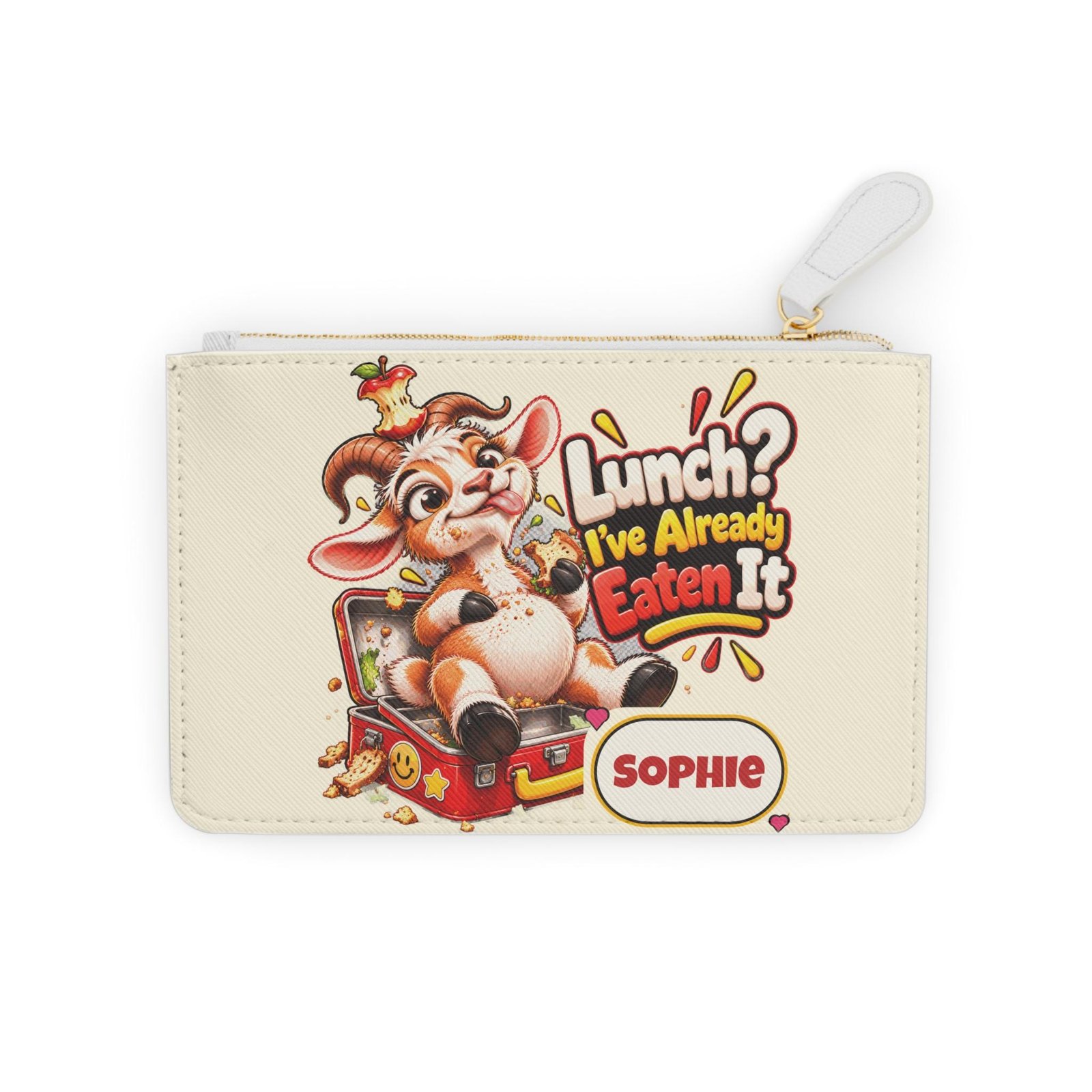 Personalised Lunch Already Eaten Mini Clutch Bag, Custom Name Zip Purse Makeup Bag, Funny Goat Gift, Foodie Gift, Gift for Her