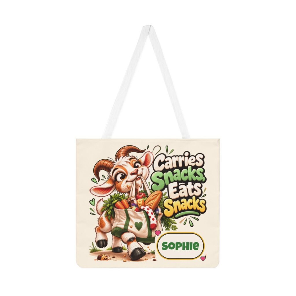Personalised Carries Snacks Shoulder Tote Bag, Custom Name All Over Print Cotton Bag, Funny Goat Gift, Foodie Gift, Gift for Her
