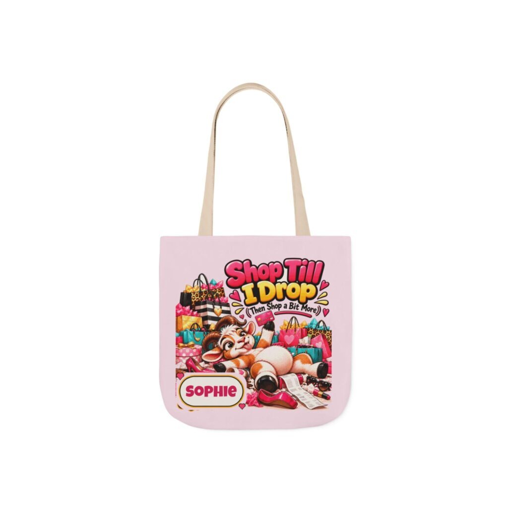 Personalised Shop Till I Drop Canvas Tote Bag, Custom Name Coloured Strap Tote, Funny Goat Gift, Shopaholic Gift, Gift for Her