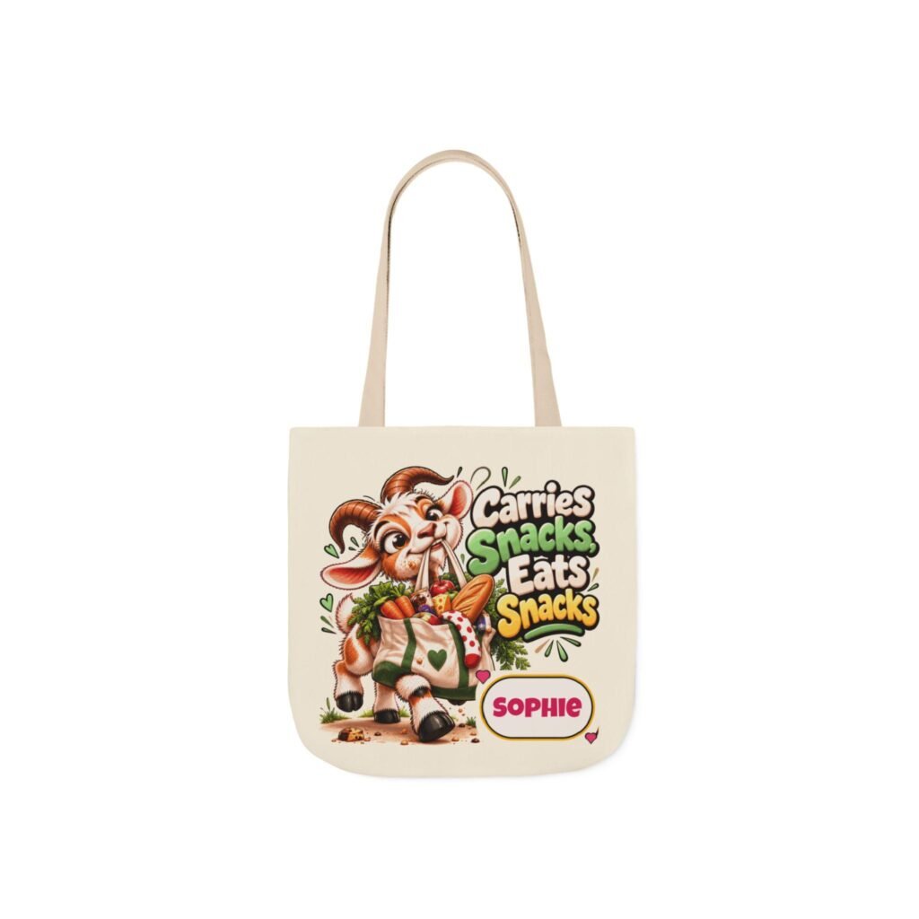 Personalised Carries Snacks Canvas Tote Bag, Custom Name Coloured Strap Tote, Funny Goat Gift, Foodie Gift, Gift for Her