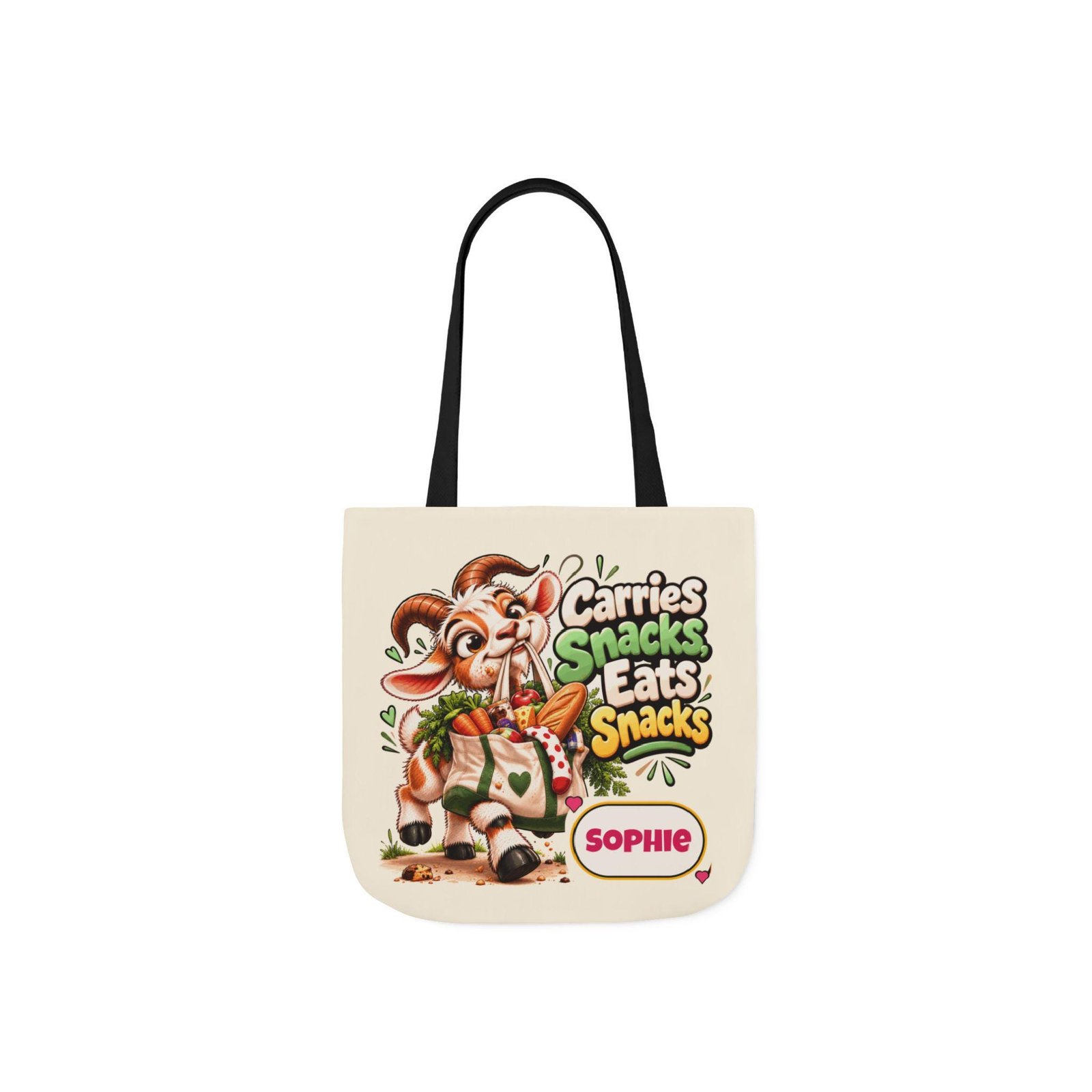 Personalised Carries Snacks Canvas Tote Bag, Custom Name Coloured Strap Tote, Funny Goat Gift, Foodie Gift, Gift for Her - Image 2