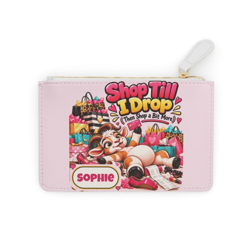 Personalised Shop Till I Drop Mini Clutch Bag, Custom Name Zip Purse Makeup Bag, Funny Goat Gift, Shopaholic Gift, Gift for Her