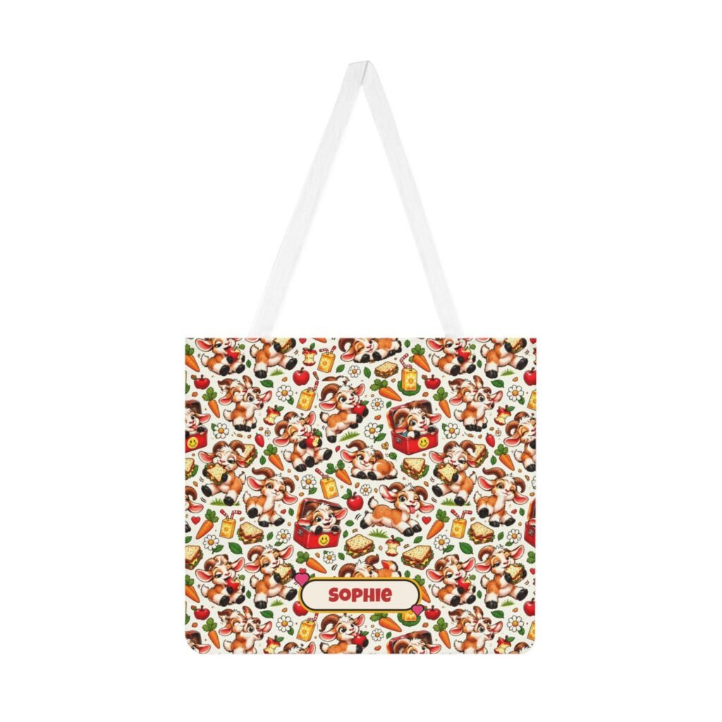Personalised Goat Lunch Pattern Shoulder Tote Bag, Custom Name All Over Print Cotton Bag, Funny Goat Gift, Foodie Gift, Gift for Her