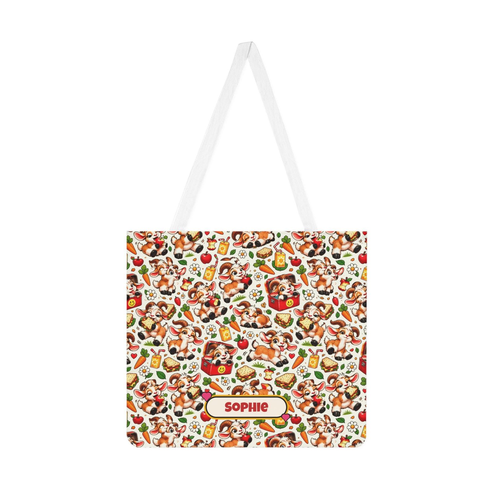 Personalised Goat Lunch Pattern Shoulder Tote Bag, Custom Name All Over Print Cotton Bag, Funny Goat Gift, Foodie Gift, Gift for Her