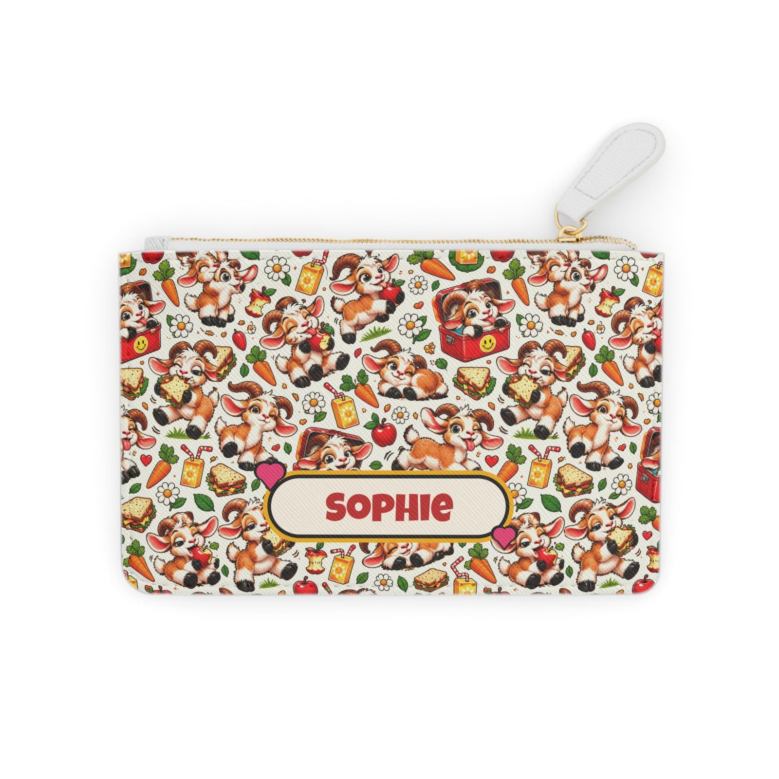 Personalised Goat Lunch Pattern Mini Clutch Bag, Custom Name Zip Purse Makeup Bag, Funny Goat Gift, Foodie Gift, Gift for Her