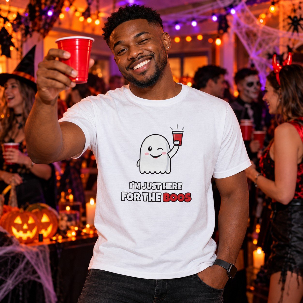 Man wearing the I'm Just Here for the Boos T-Shirt