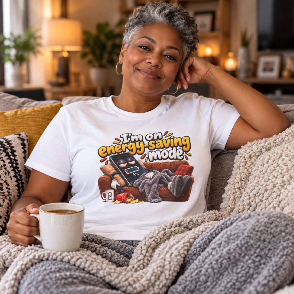 Woman wearing the I'm On Energy Saving Mode T-Shirt