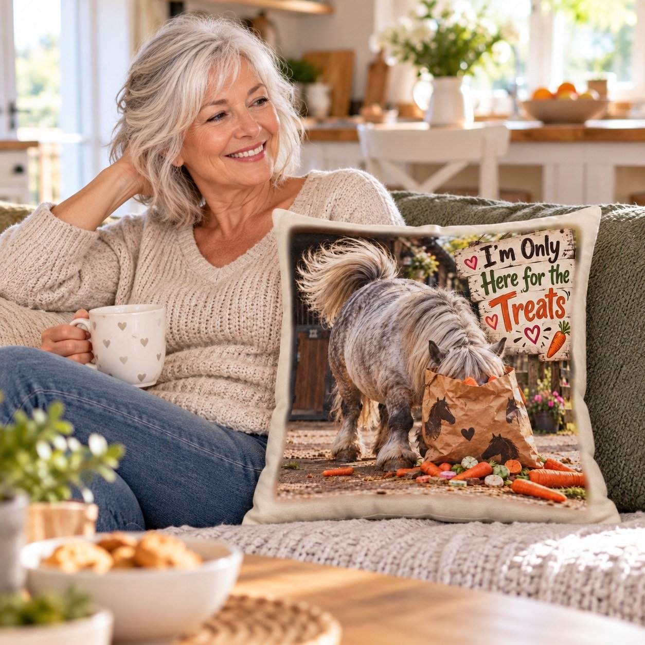 The I'm Only Here for the Treats Cushion on a sofa in a cosy living room