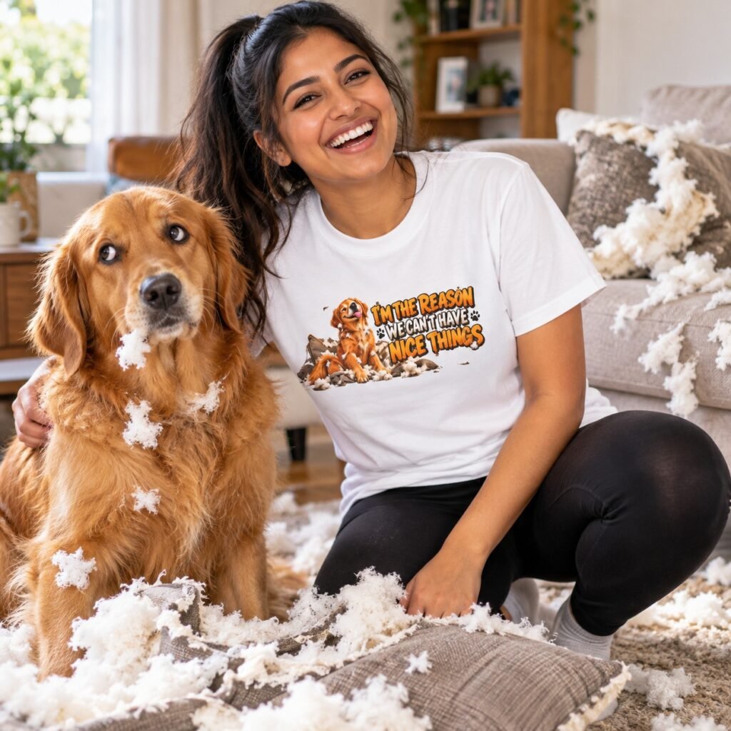 Dog owner wearing the I'm the Reason We Can't Have Nice Things T-Shirt