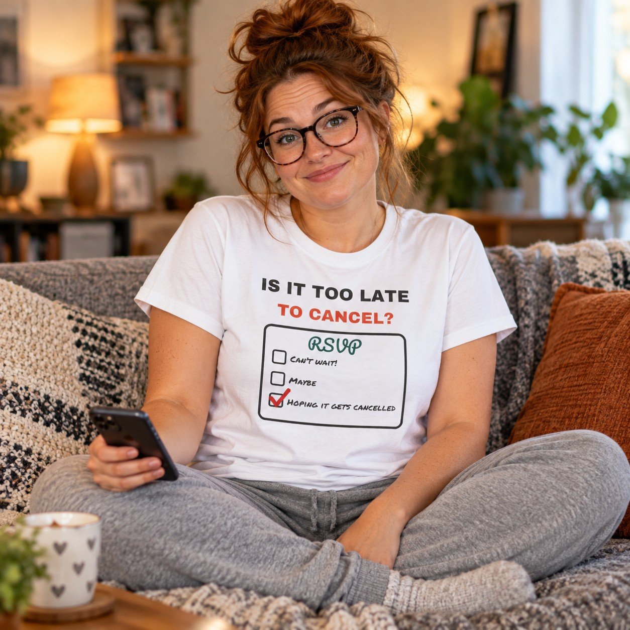 Woman wearing the Is It Too Late to Cancel T-Shirt