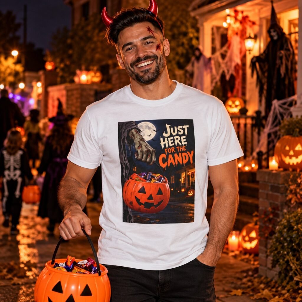 Man wearing the Just Here for the Candy T-Shirt