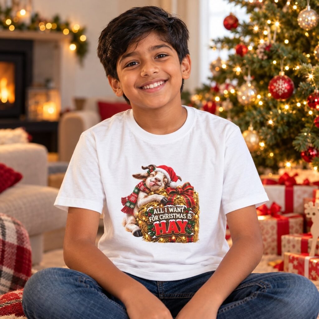 Child wearing the Kids All I Want for Christmas Is Hay T-Shirt – Goat