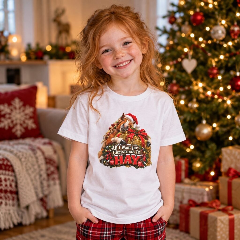 Child wearing the Kids All I Want for Christmas Is Hay T-Shirt – Horse
