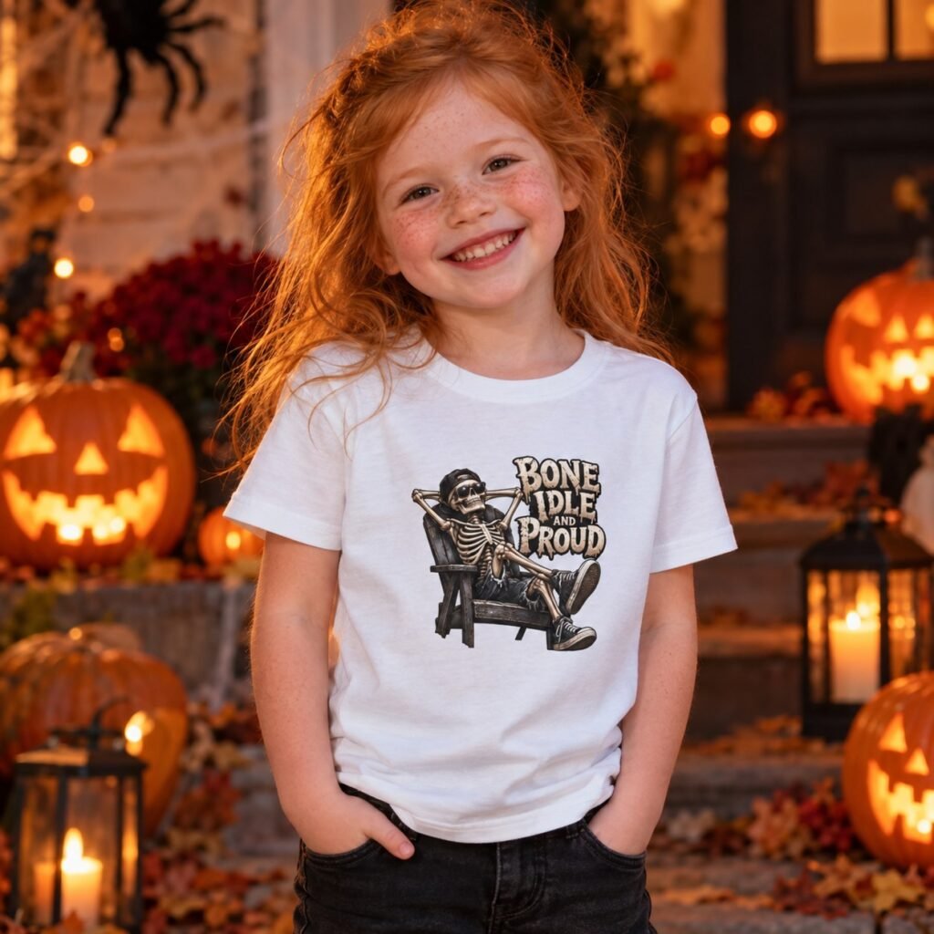 Child wearing the Kids Bone Idle and Proud Skeleton T-Shirt