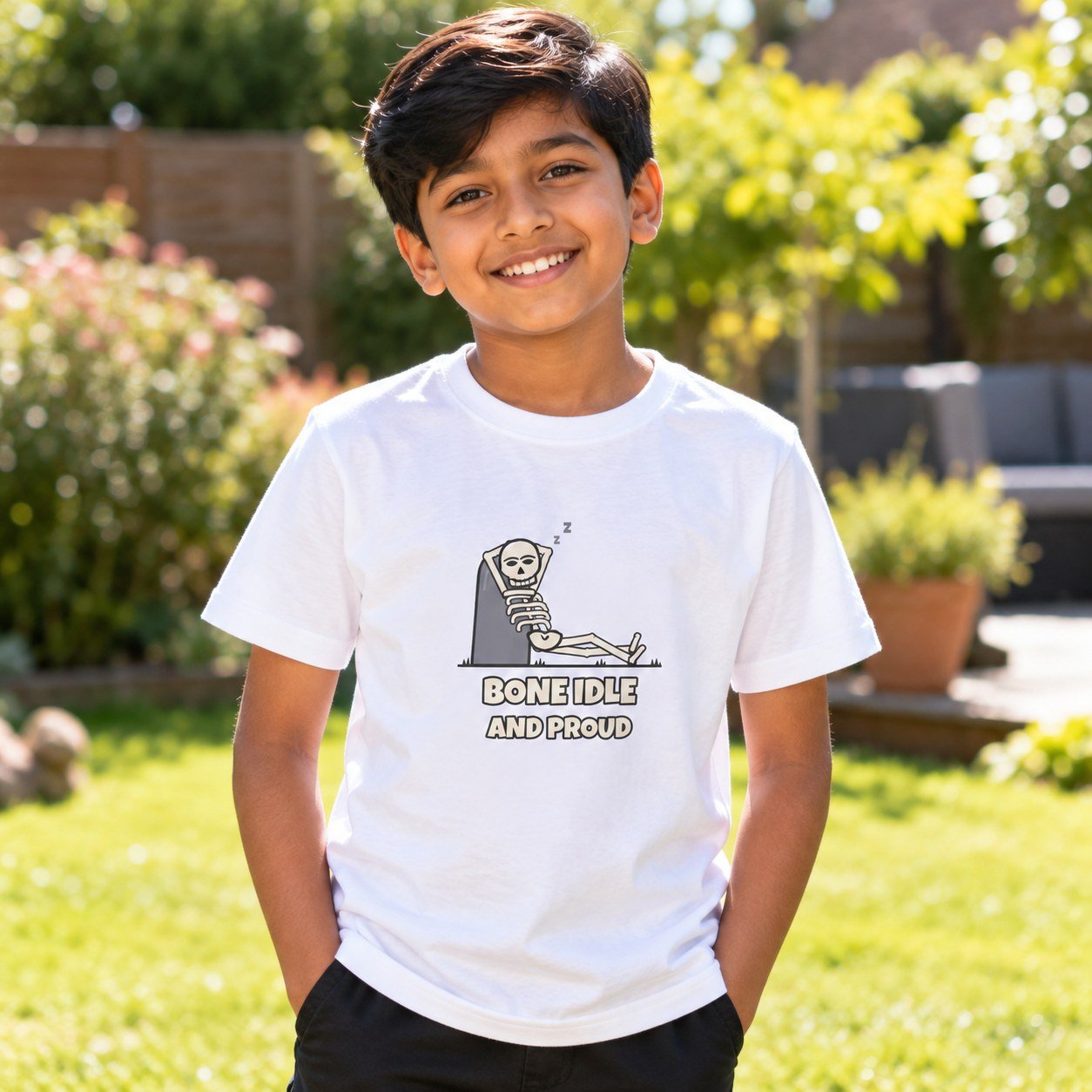 Child wearing the Kids Bone Idle and Proud T-Shirt