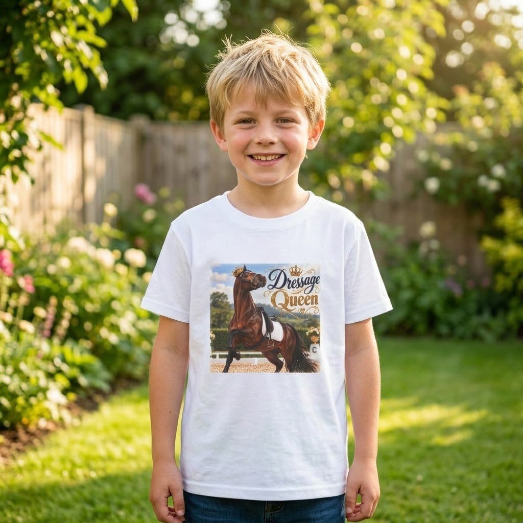 Child wearing the Kids Dressage Queen T-Shirt