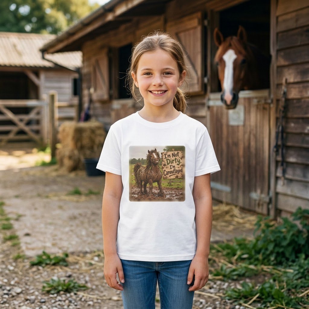 Child wearing the Kids Funny Muddy Horse T-Shirt