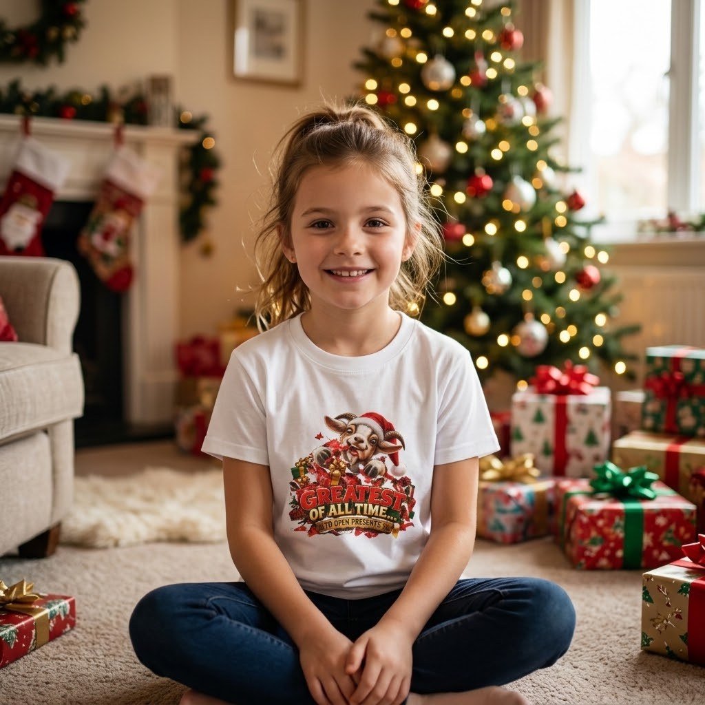 Child wearing the Kids GOAT Greatest Of All Time To Open Presents T-Shirt