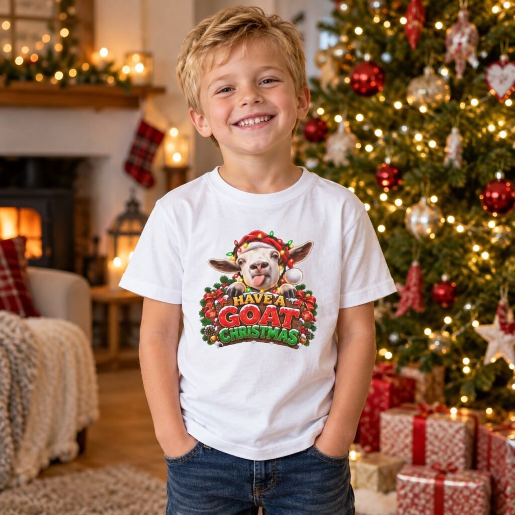 Child wearing the Kids Have A Goat Christmas T-Shirt – Cheeky