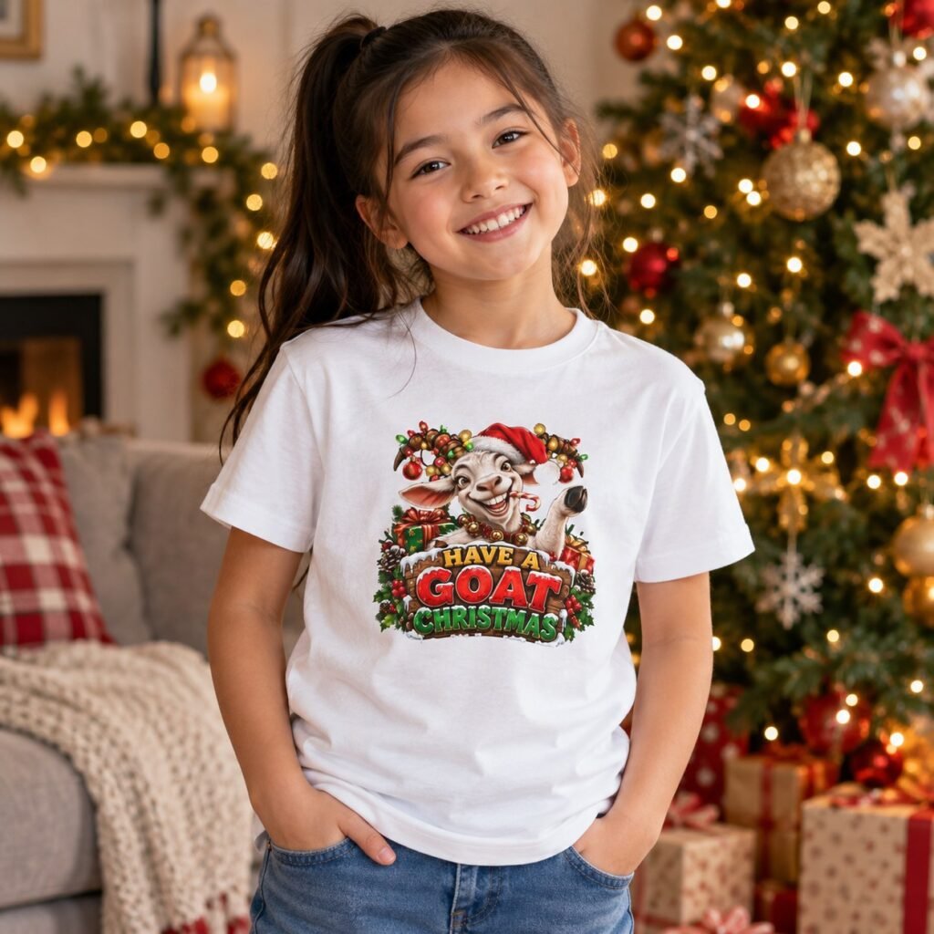Child wearing the Kids Have A Goat Christmas T-Shirt – Funny