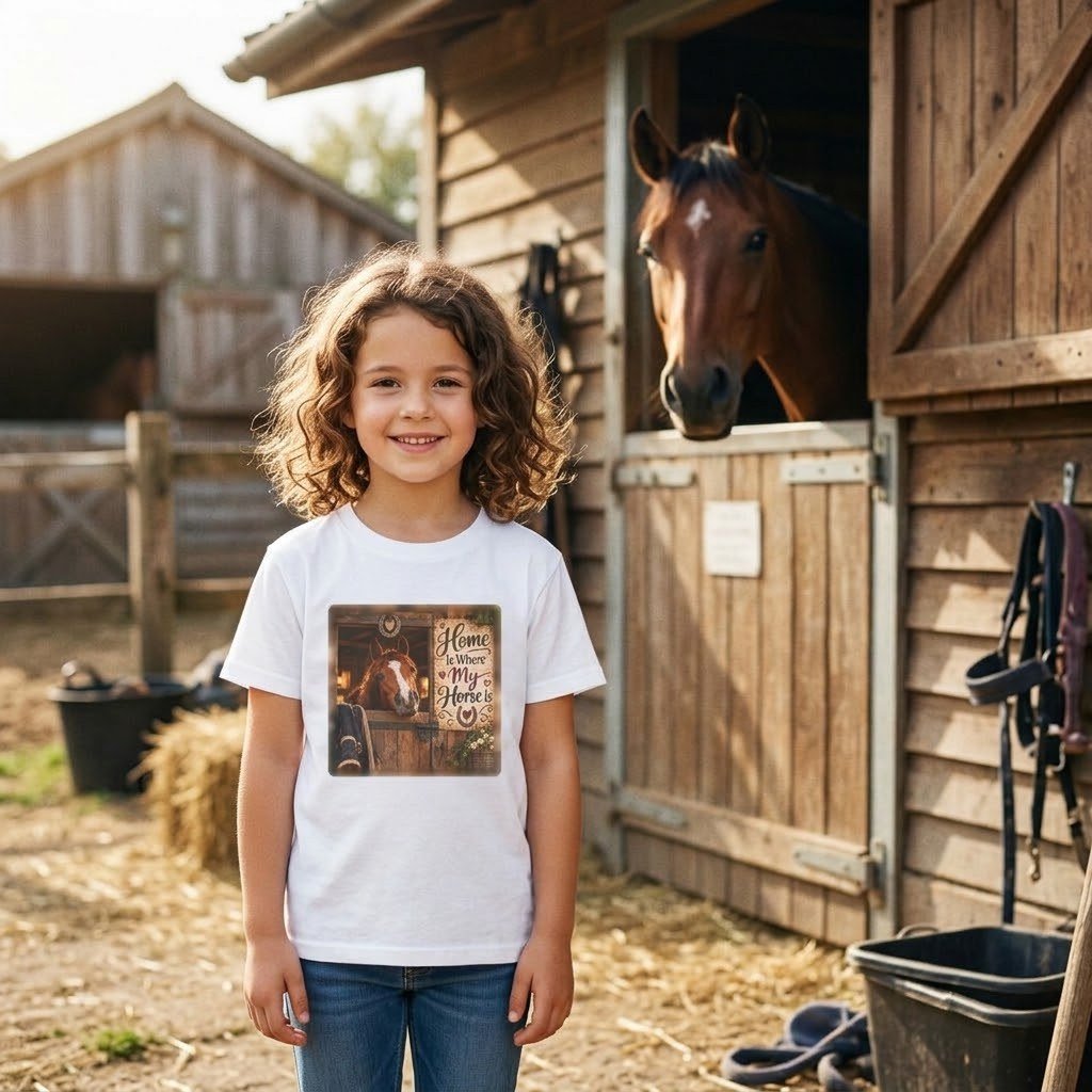 Child wearing the Kids Home Is Where My Horse Is T-Shirt