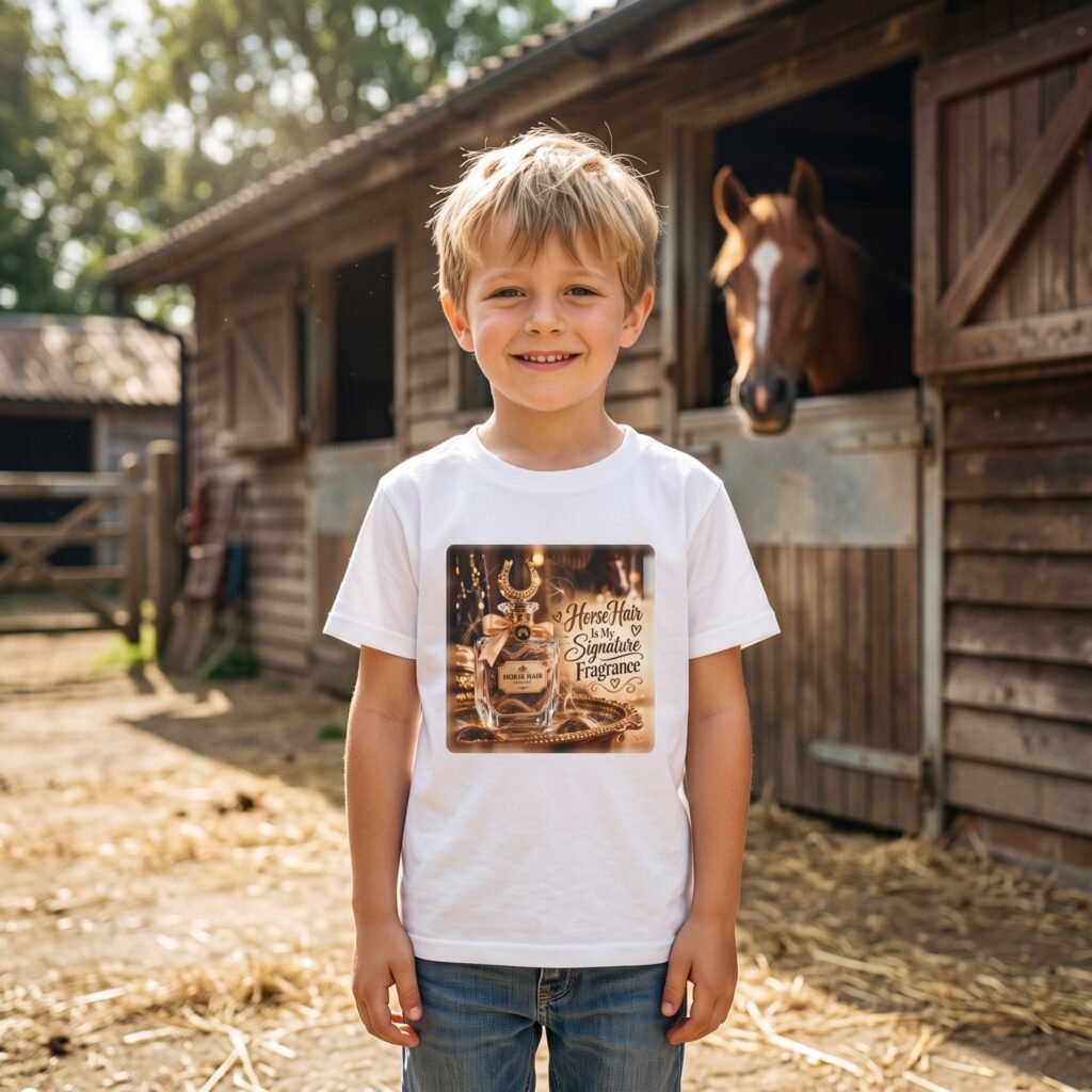 Child wearing the Kids Horse Hair Is My Signature Fragrance T-Shirt