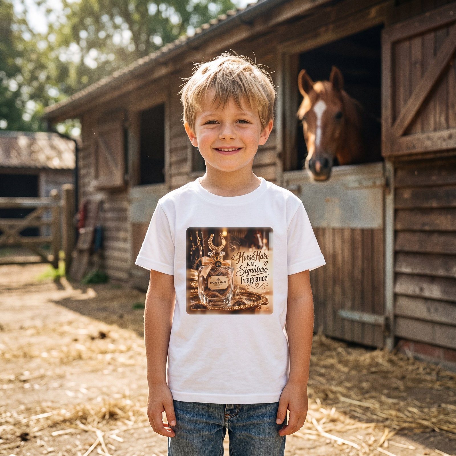 Child wearing the Kids Horse Hair Is My Signature Fragrance T-Shirt