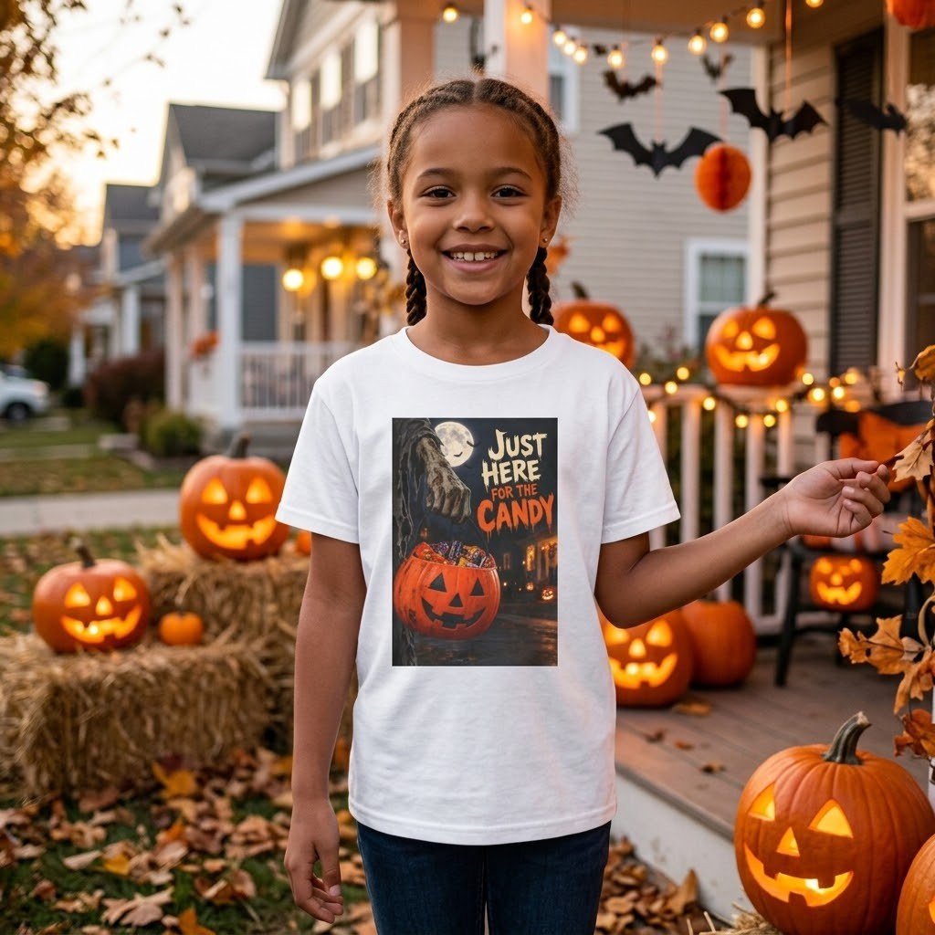 Child wearing the Kids Just Here for the Candy T-Shirt