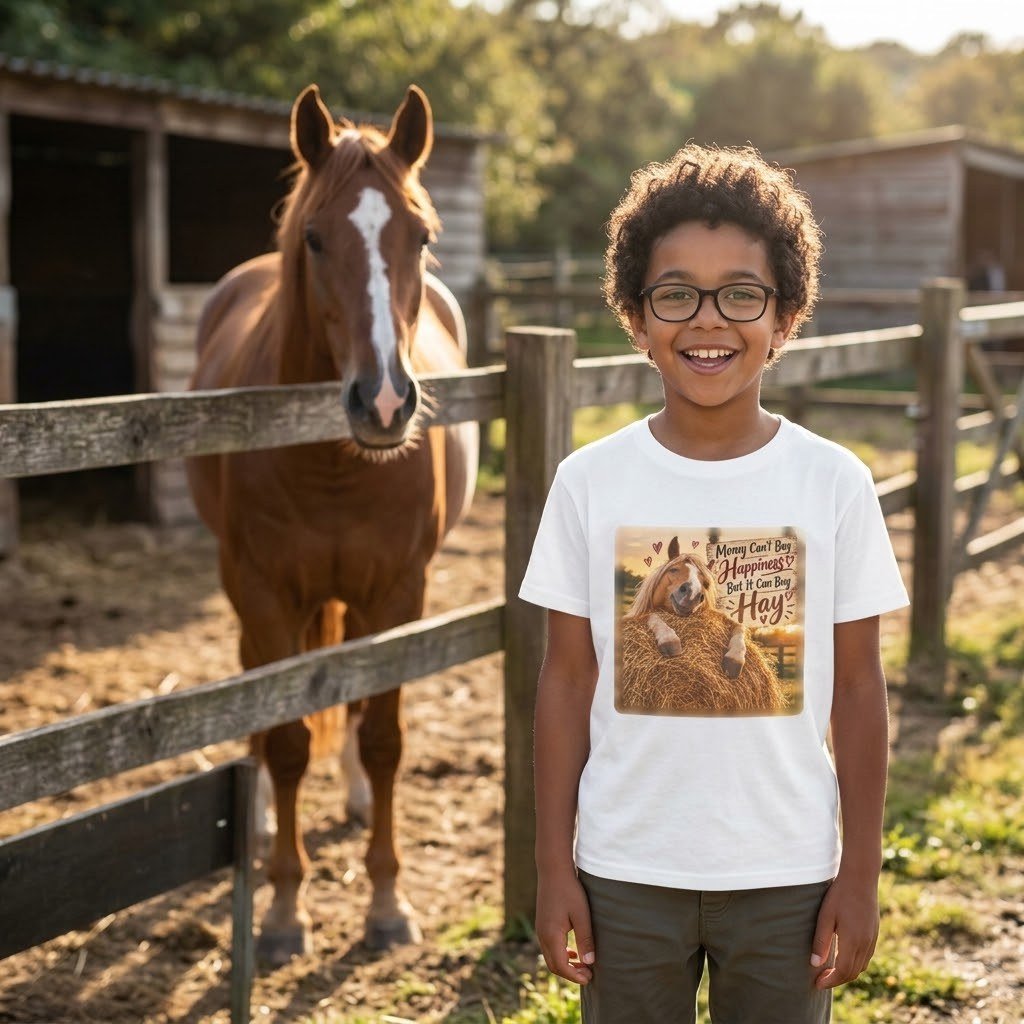 Child wearing the Kids Money Can't Buy Happiness But It Can Buy Hay T-Shirt