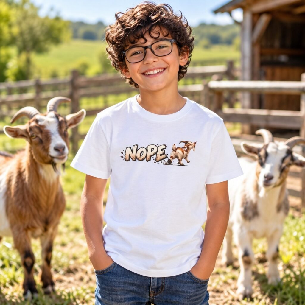 Child wearing the Kids Nope Goat T-Shirt