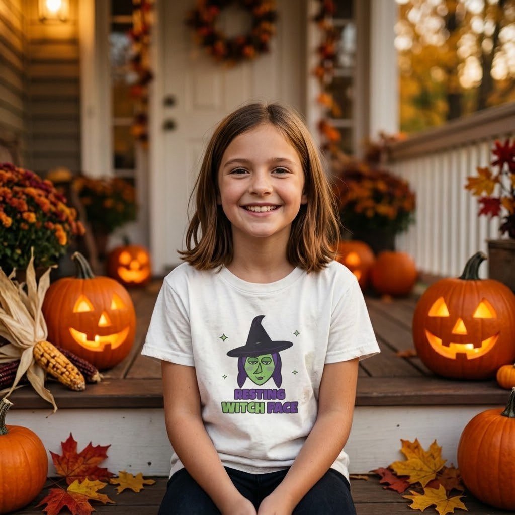 Child wearing the Kids Resting Witch Face T-Shirt