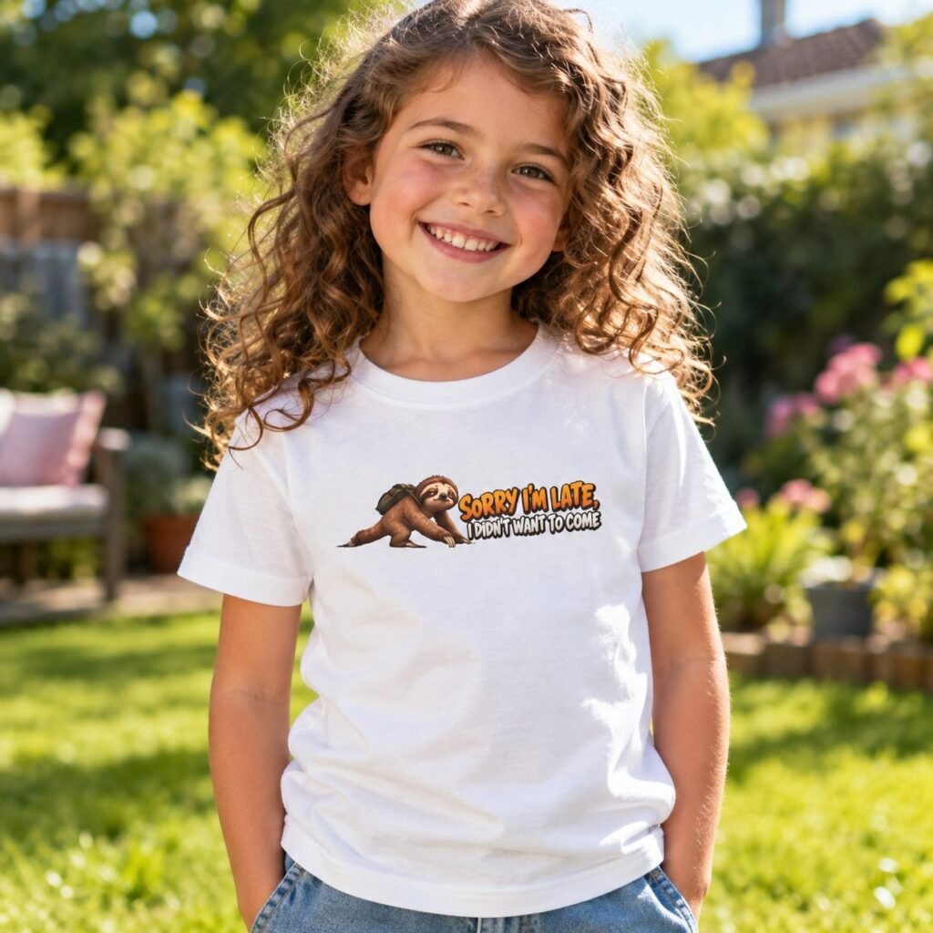 Child wearing the Kids Sorry I'm Late I Didn't Want to Come T-Shirt