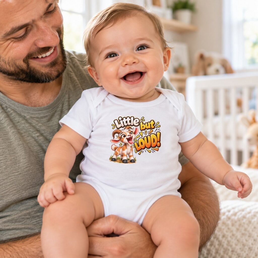 Baby wearing the Little But Loud bodysuit, held by a parent