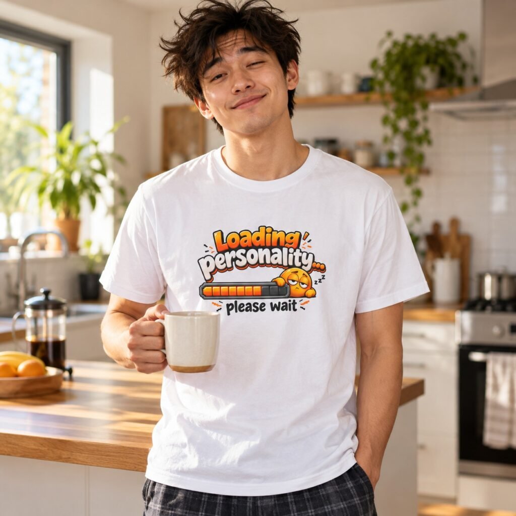 Man wearing the Loading Personality Please Wait T-Shirt