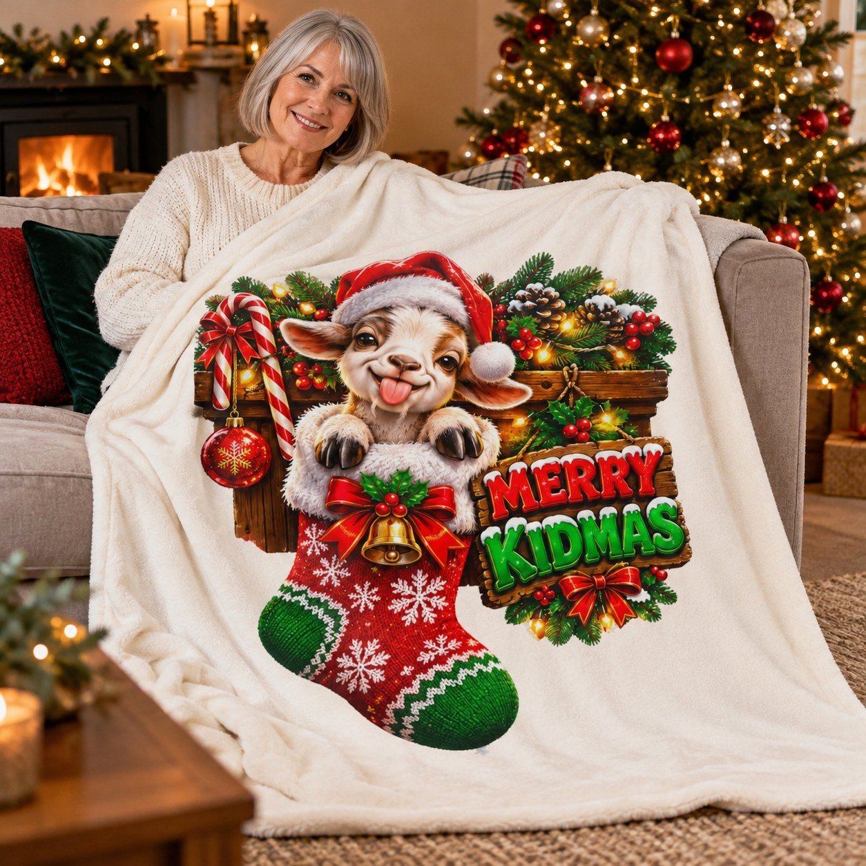 Person relaxing on a sofa with the Merry Kidmas Christmas Blanket