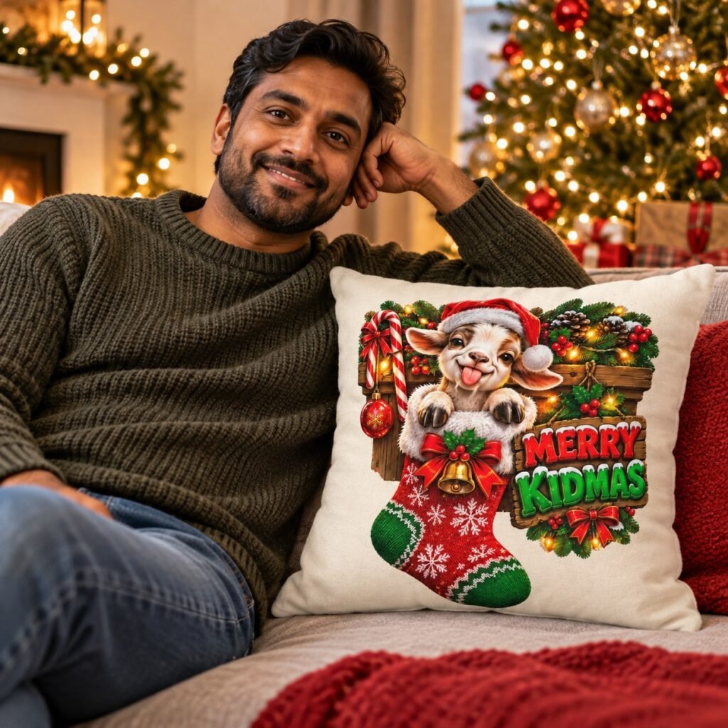 The Merry Kidmas Christmas Cushion on a sofa in a cosy living room