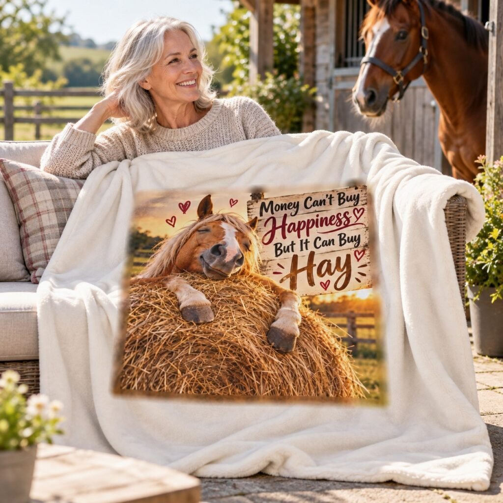 Person relaxing on a sofa with the Money Can't Buy Happiness But It Can Buy Hay Blanket