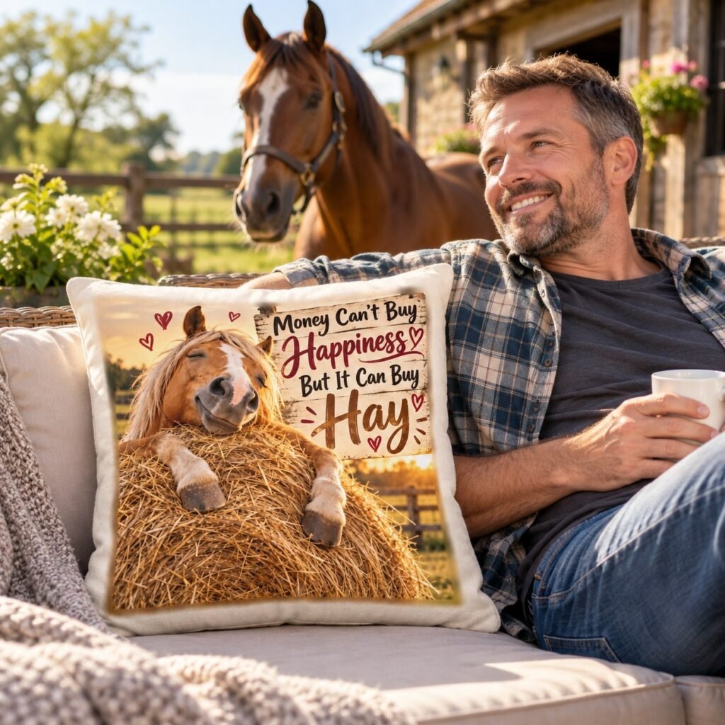 The Money Can't Buy Happiness But It Can Buy Hay Cushion on a sofa in a cosy living room