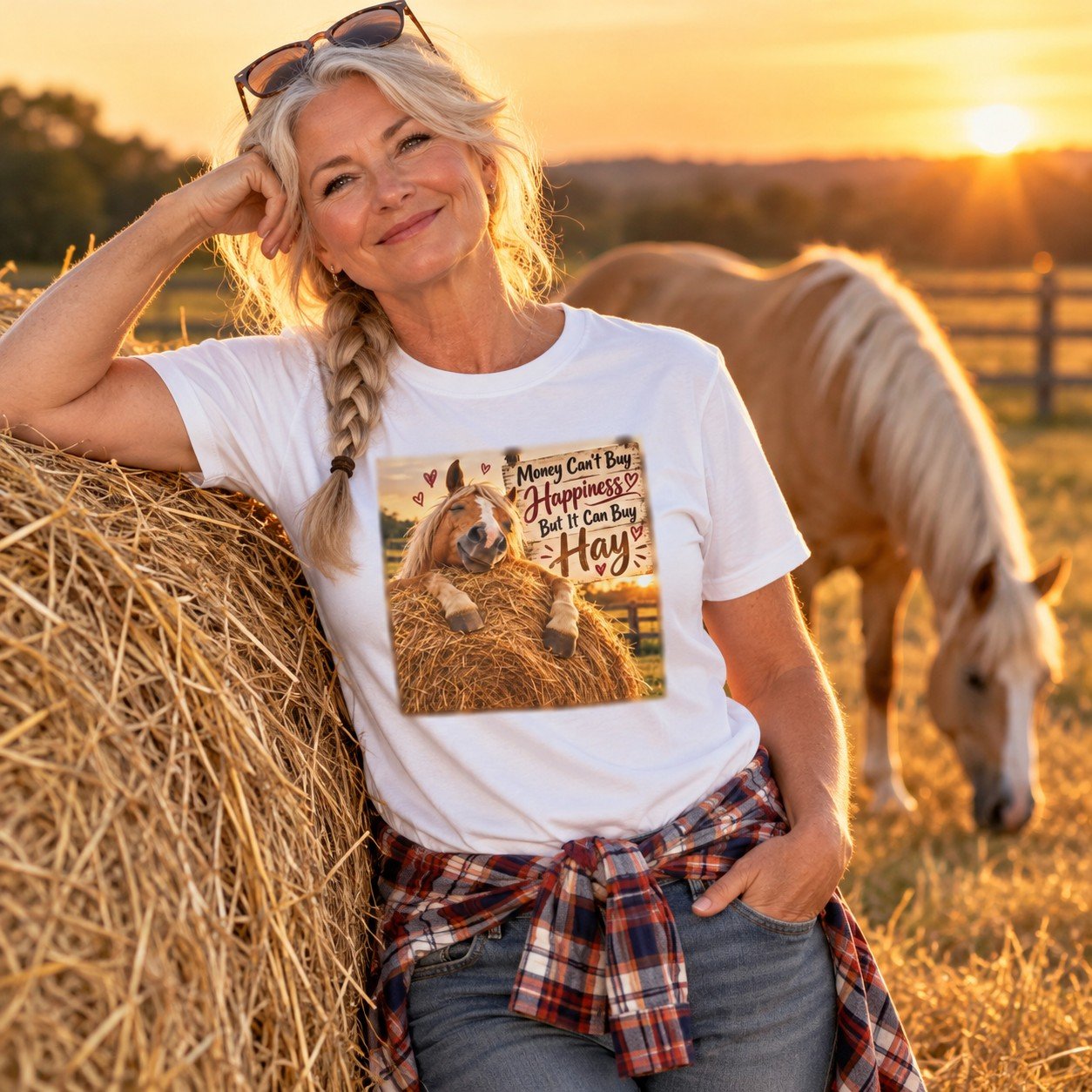 Horse owner wearing the Money Can't Buy Happiness But It Can Buy Hay T-Shirt