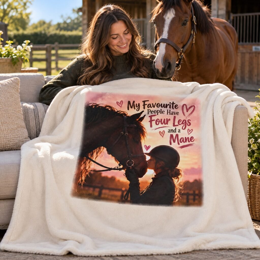 Person relaxing on a sofa with the My Favourite People Have Four Legs and a Mane Blanket