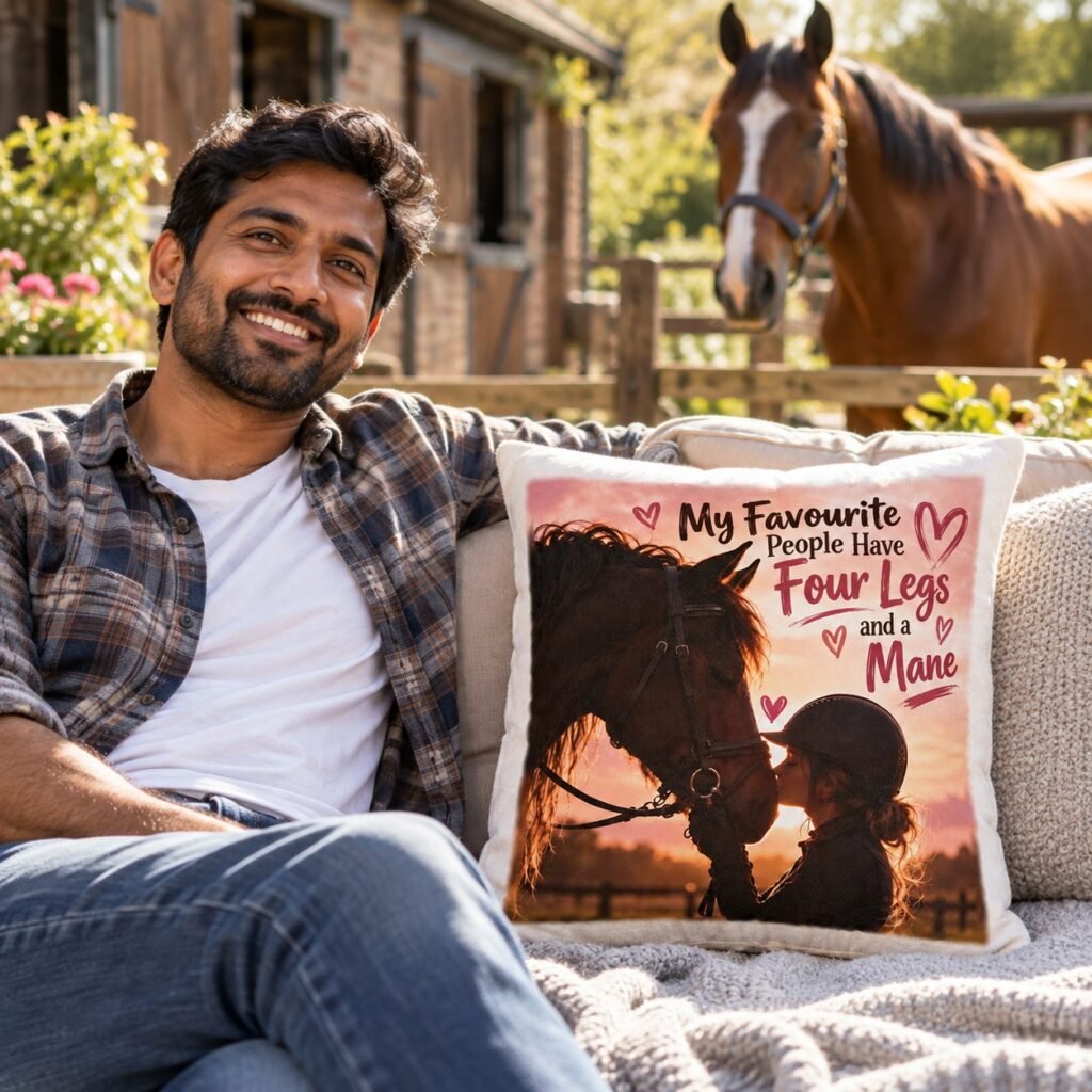 The My Favourite People Have Four Legs and a Mane Cushion on a sofa in a cosy living room