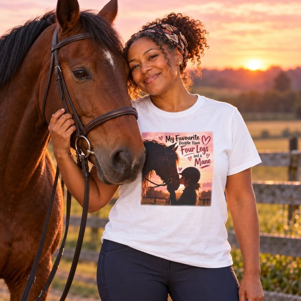 Horse owner wearing the My Favourite People Have Four Legs and a Mane T-Shirt