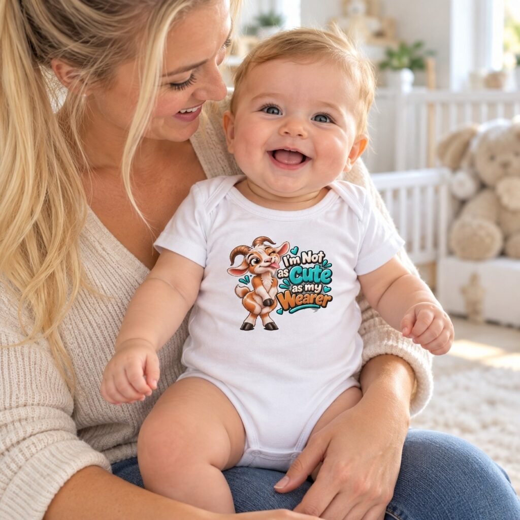 Baby wearing the Not as Cute as My Wearer bodysuit, held by a parent