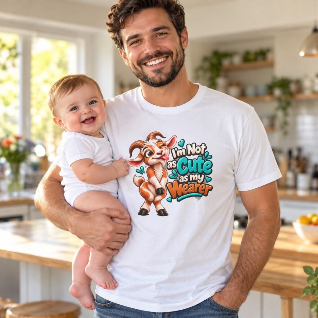 Dad and baby - dad wearing the Not as Cute as My Wearer T-Shirt